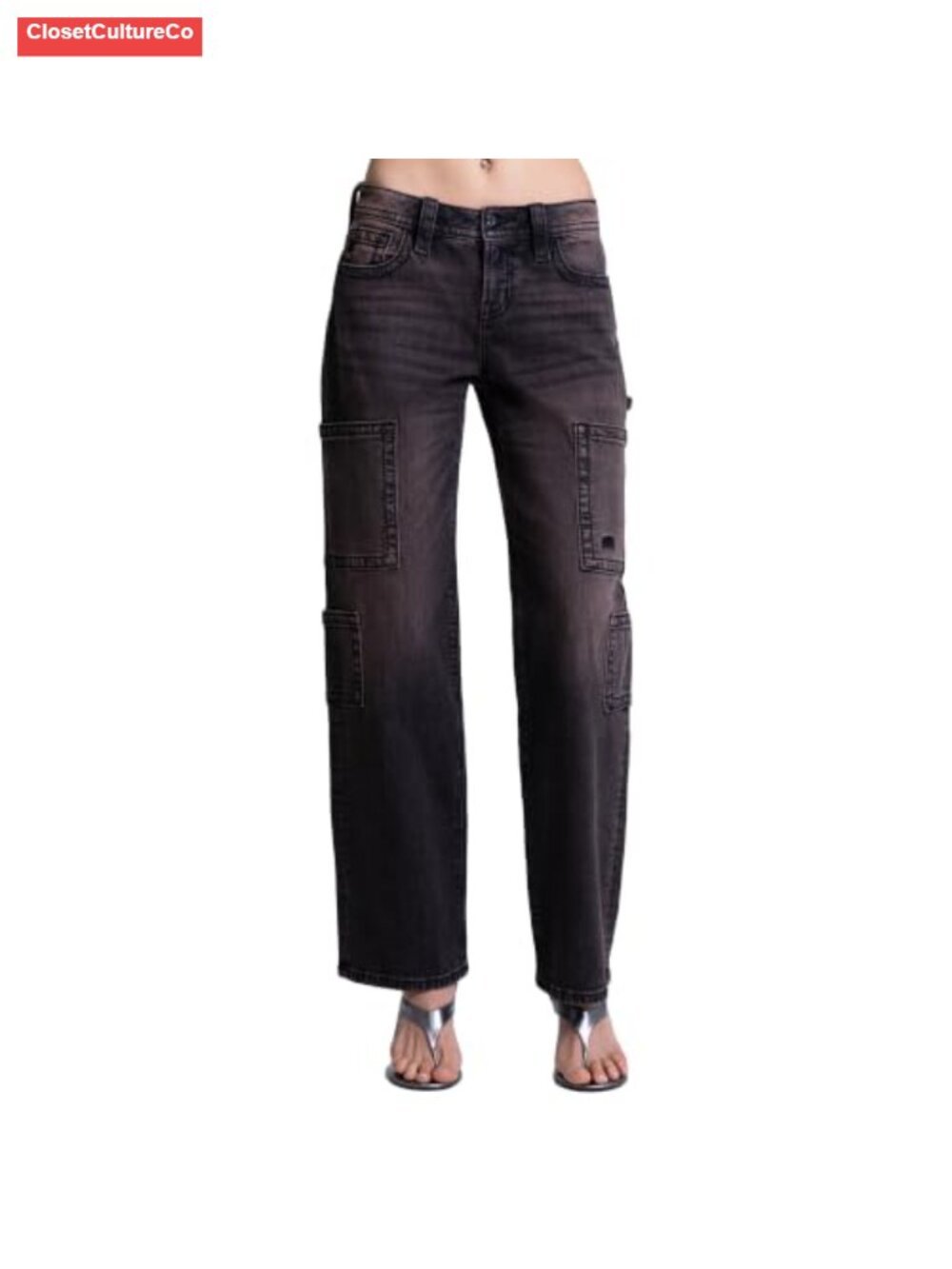 Miss Me Women's Mona Cargo Wide Leg Jeans Y2K Mid Rise Stretch Denim